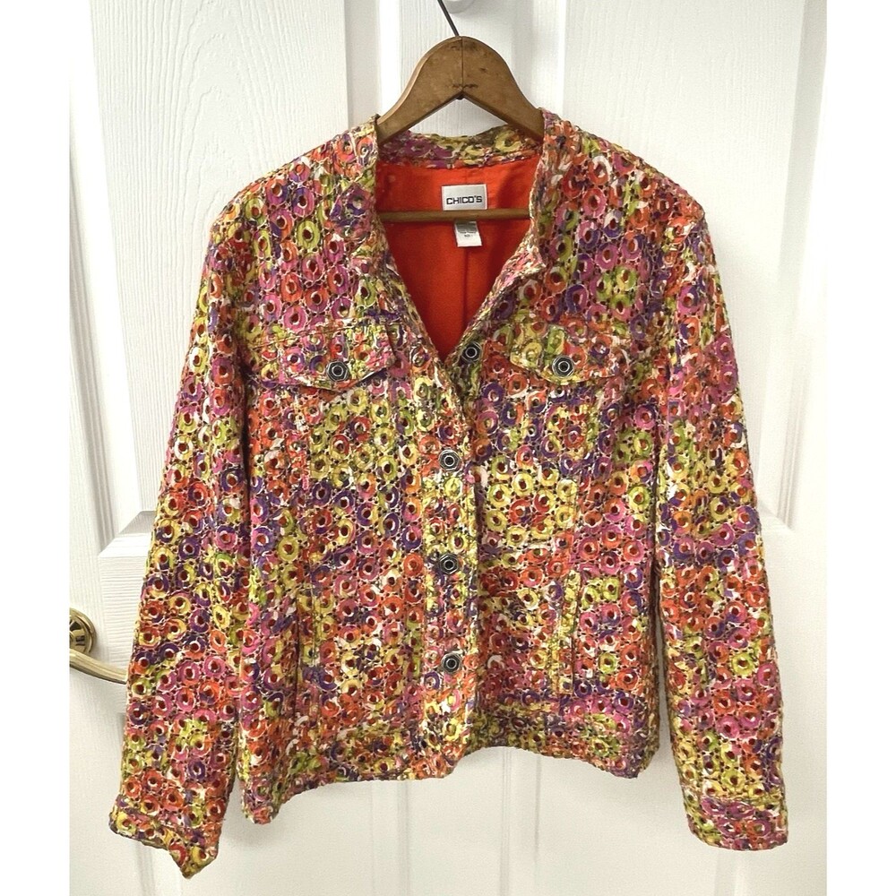 Chico’s Women's Jacket Button Pockets Crochet Orange Colorful Size 1 Small